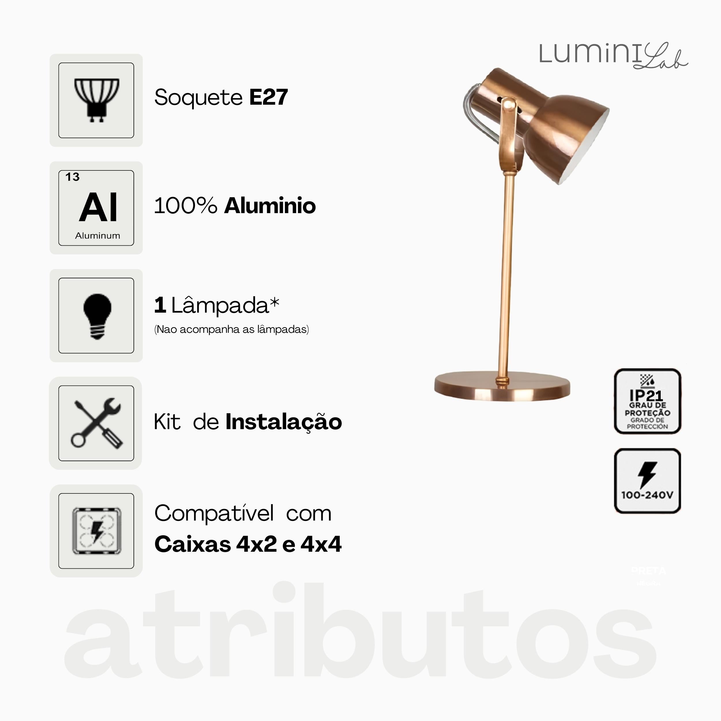 Luminaria de Mesa Cone Aluminio E27 1 Luz Fixa Lumini Lab