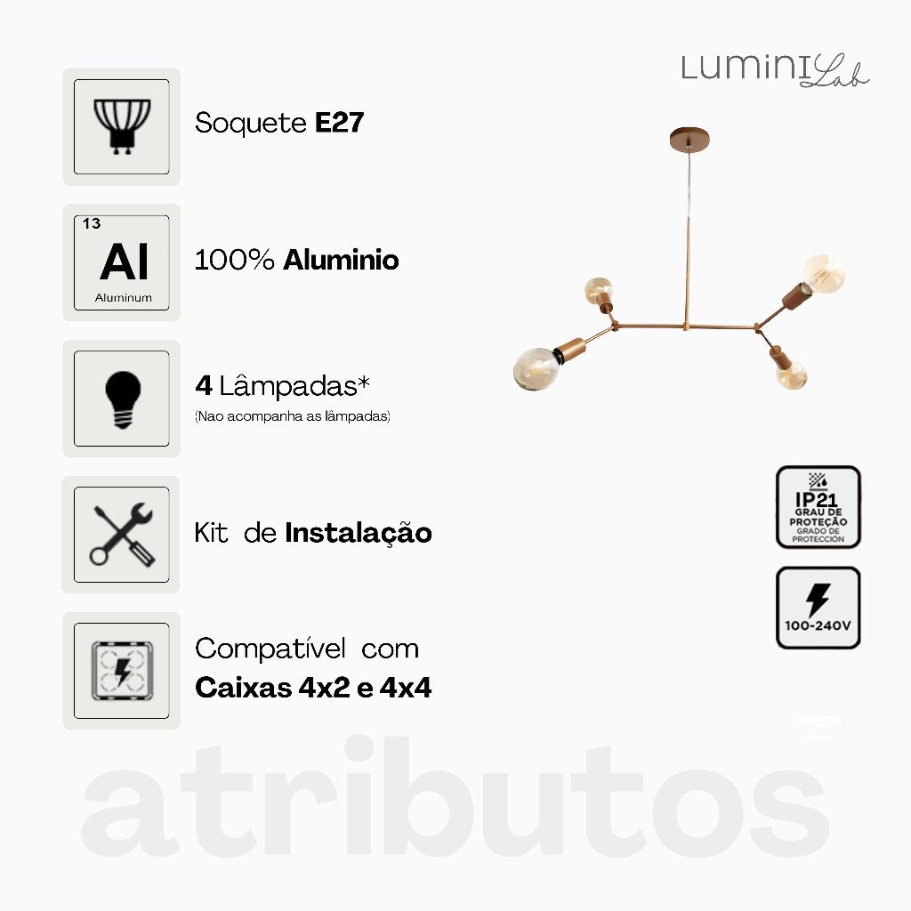 Pendente Teto Neuron Aluminio 4 Luzes E27 Cabo 1 metro Lumini Lab