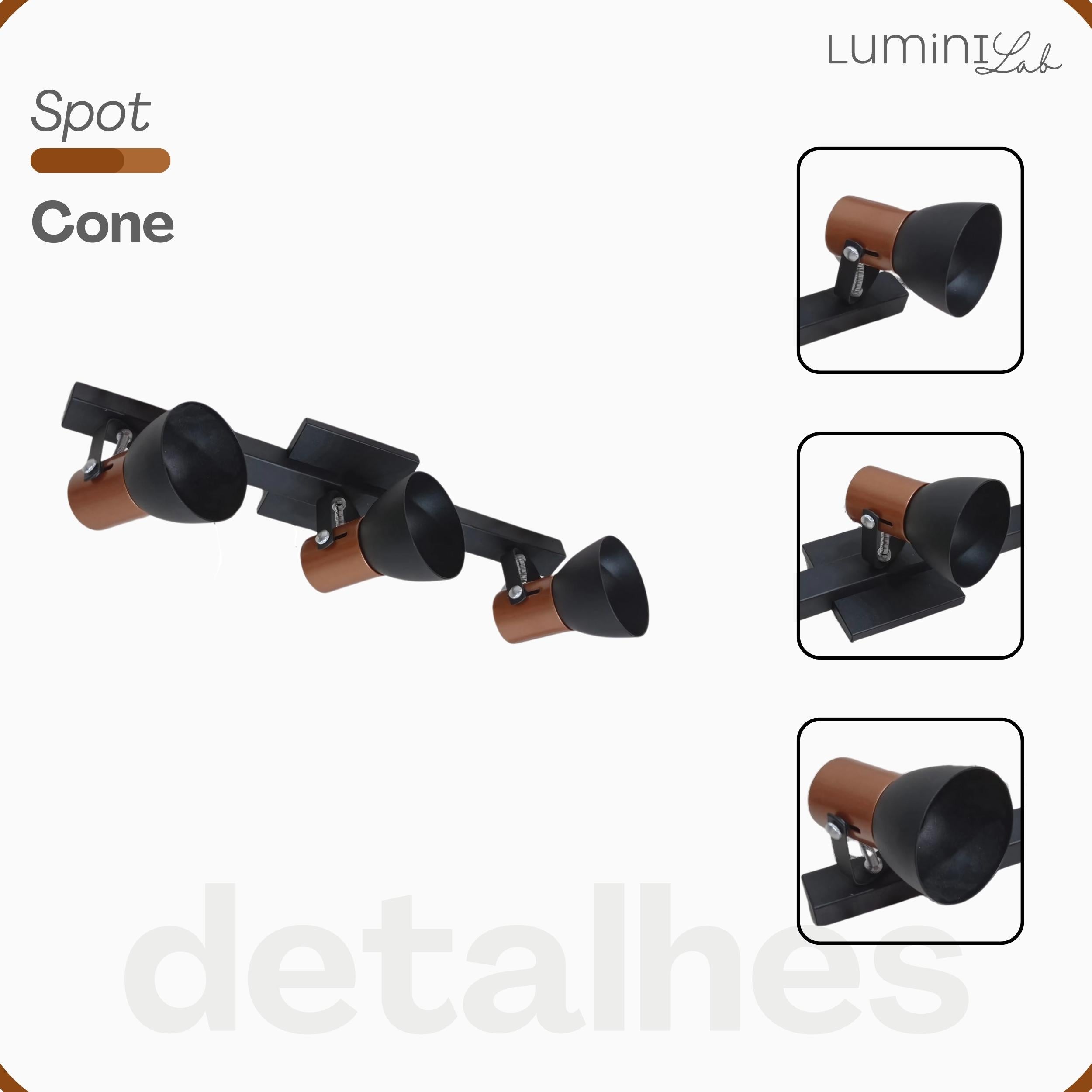 Spot Trilho Cone Aluminio 3 Lâmpadas E27 Lumini Lab