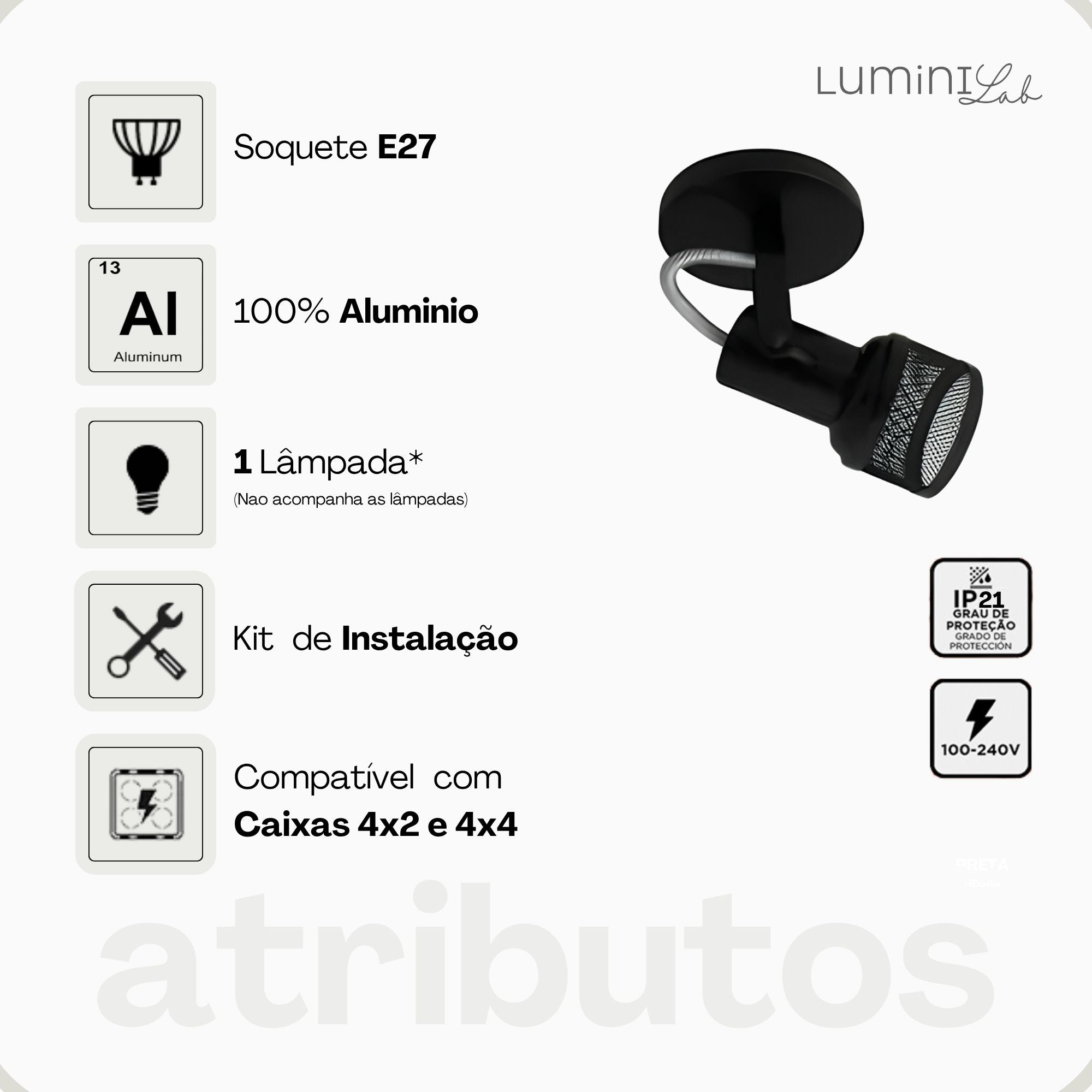 Spot Tela Aluminio Teto E27 1 Luz Lumini Lab