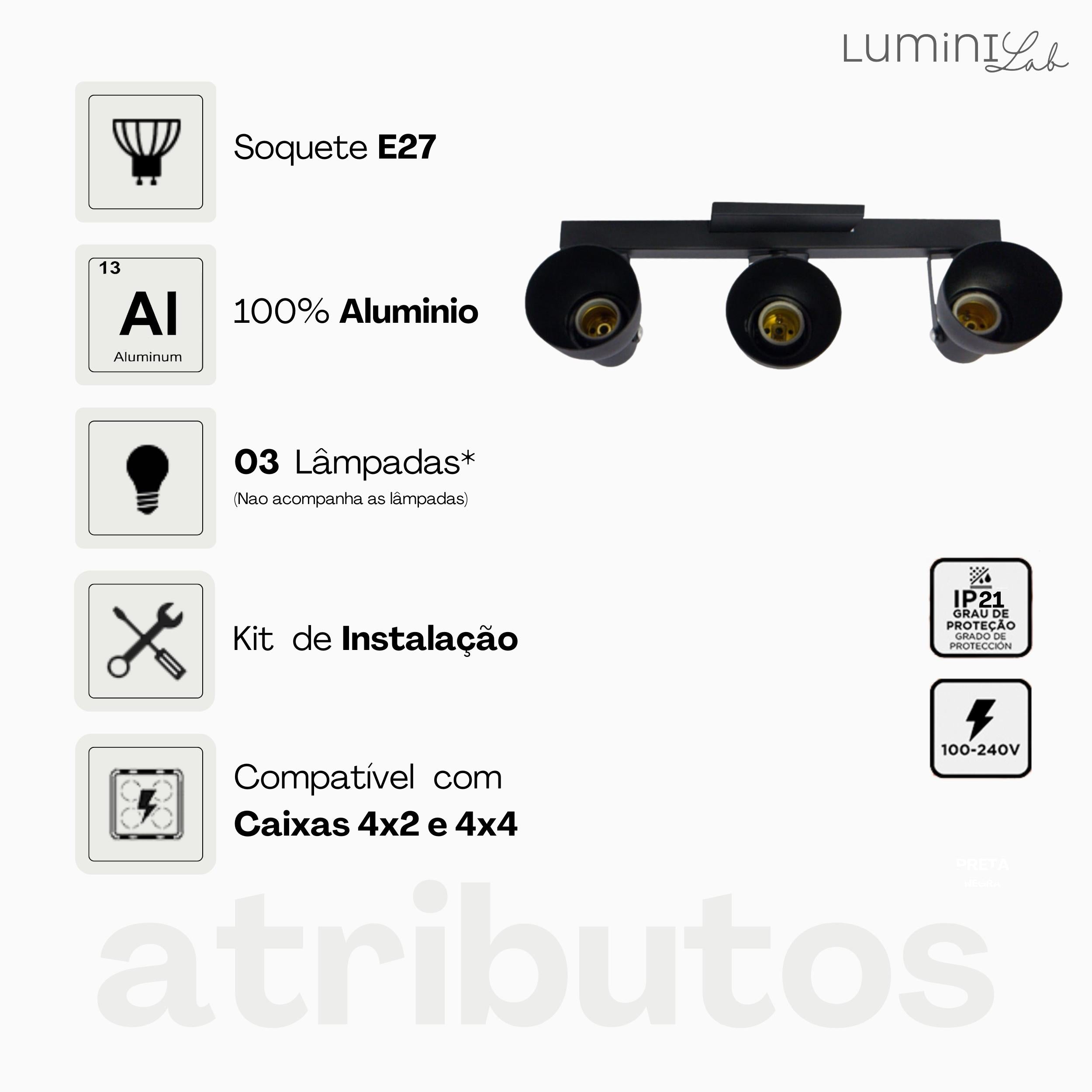 Spot Trilho Popular Aluminio Teto 3 Luzes E27 Bivolt Lumini Lab