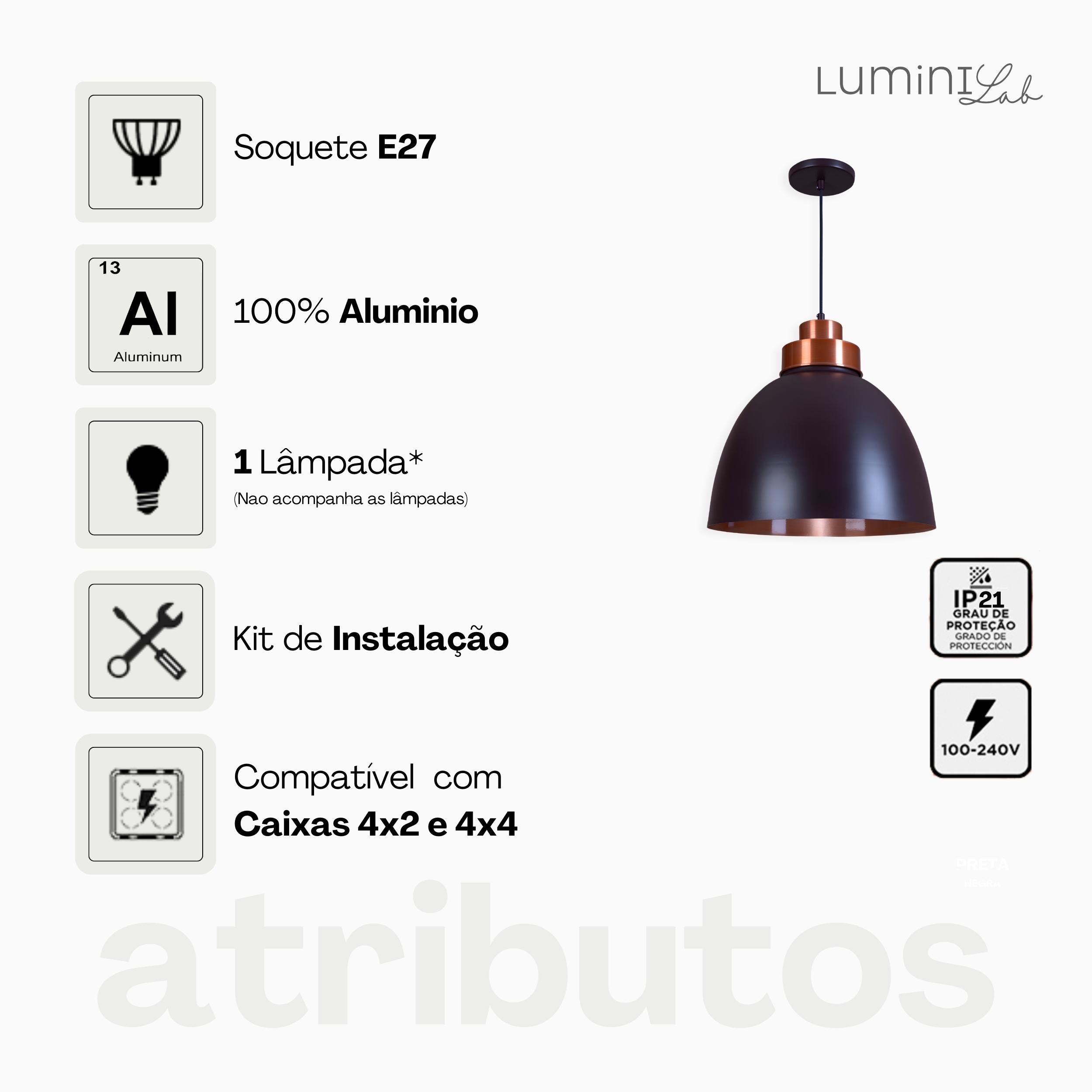Pendente Belluno 400 Aluminio Teto E27 1 Luz Lumini Lab