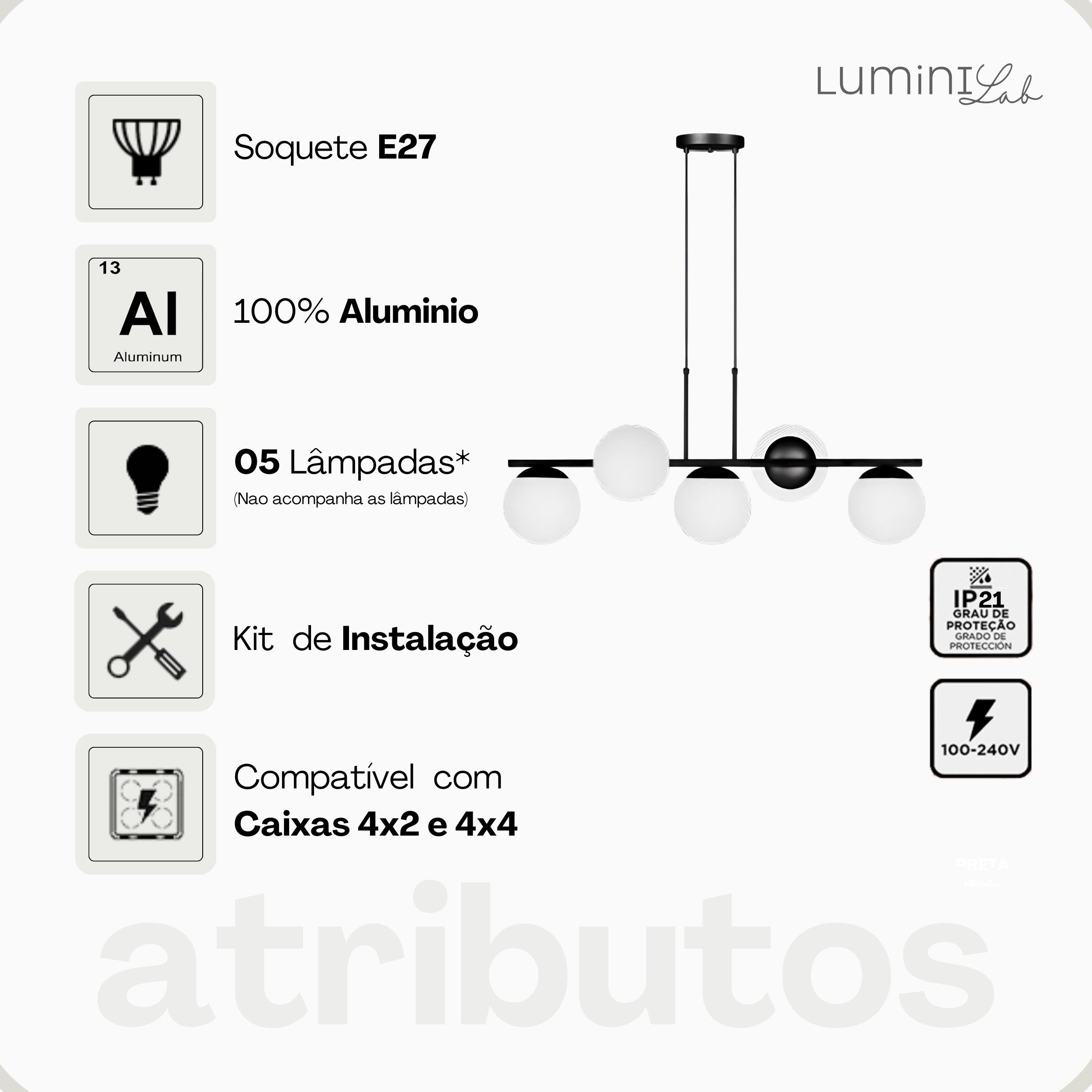 Pendente Hanover Aluminio D15 Teto E27 5 Luzes Lumini Lab