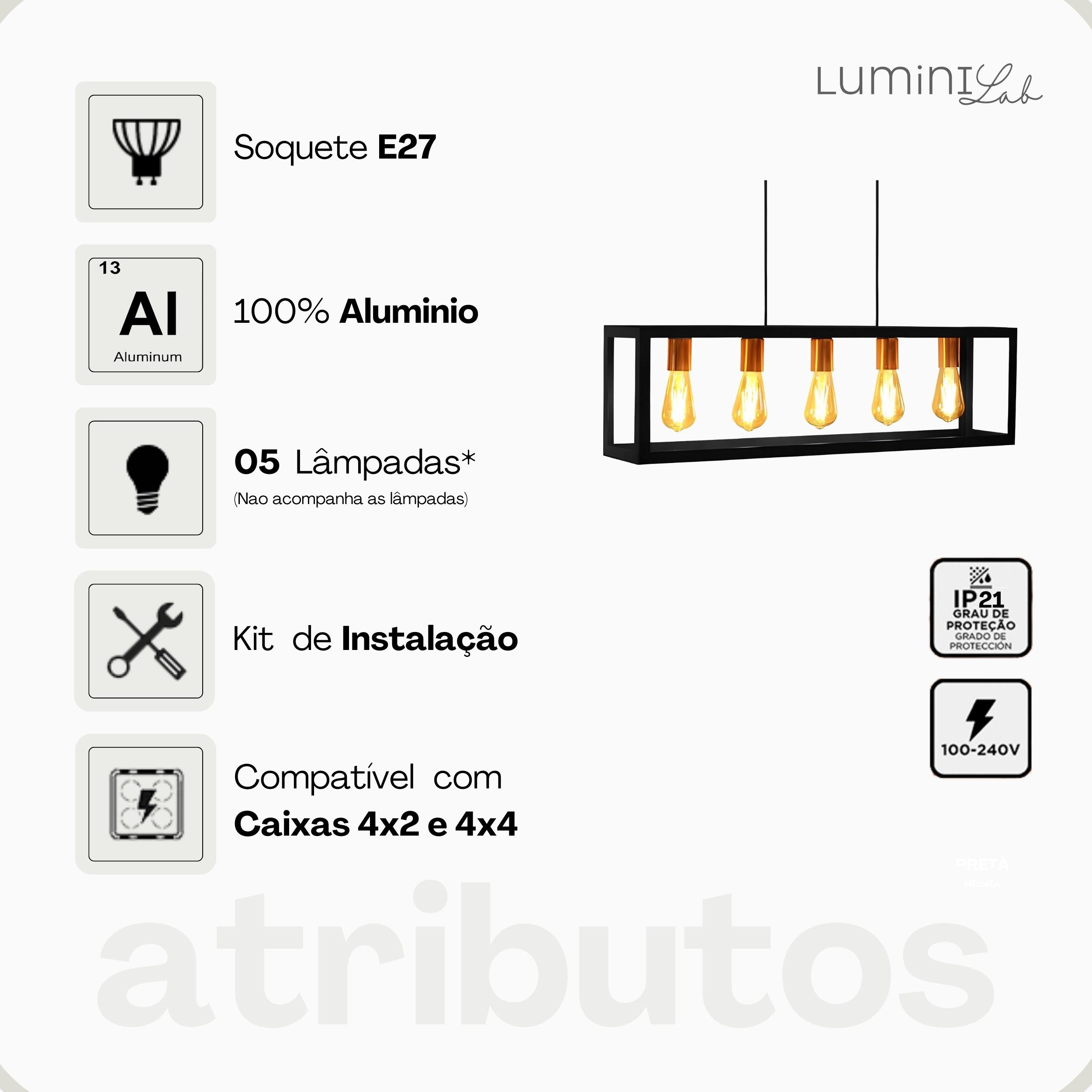 Pendente Dantas Aluminio Teto E27 5 Luzes Lumini Lab