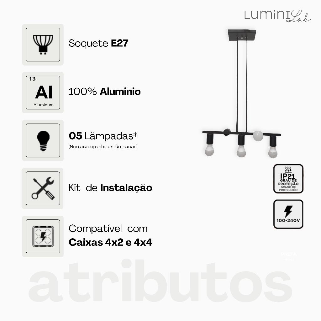 Pendente Rubis Aluminio Teto E27 5 Luzes Lumini Lab