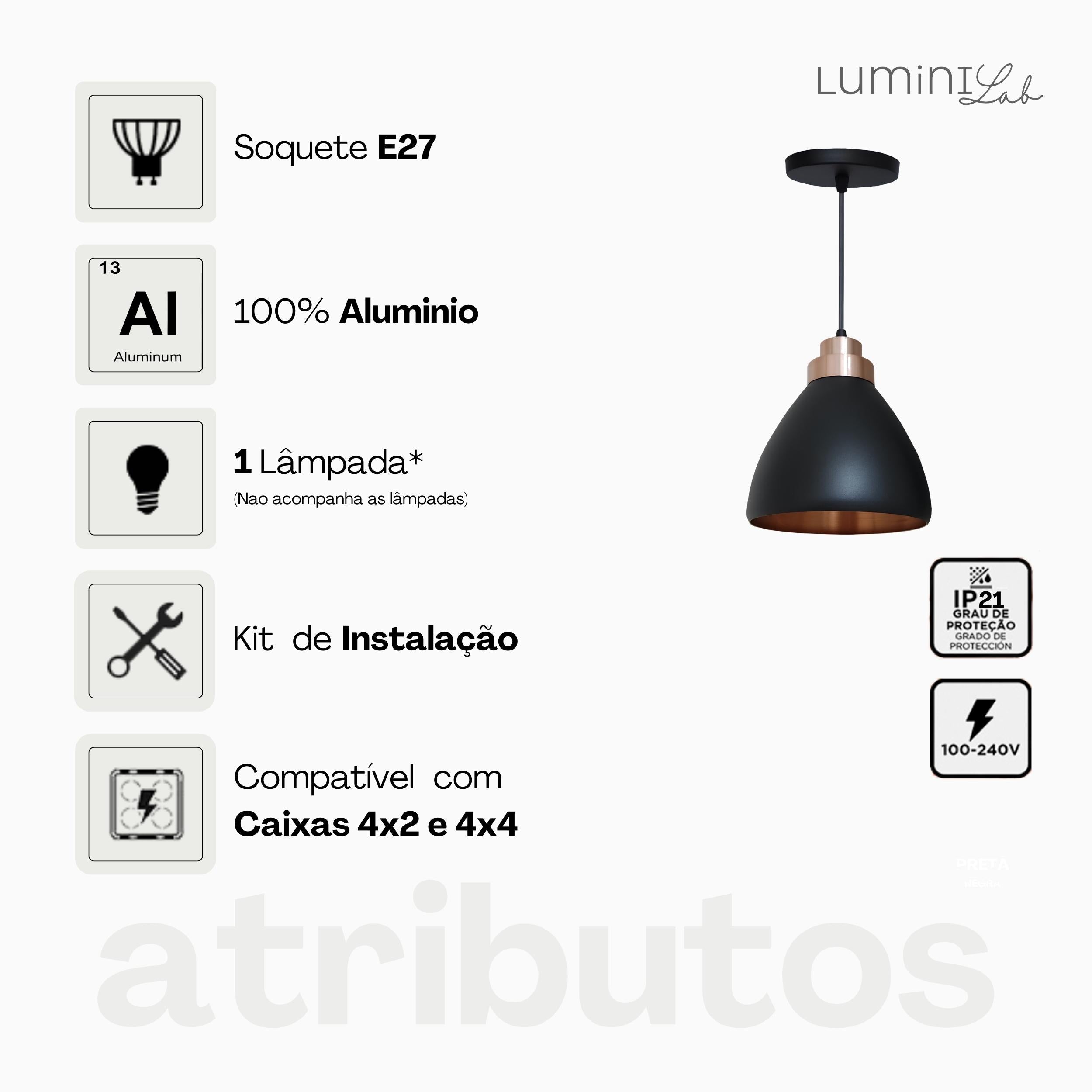 Pendente Moscou Aluminio Teto E27 1 Luz Lumini Lab