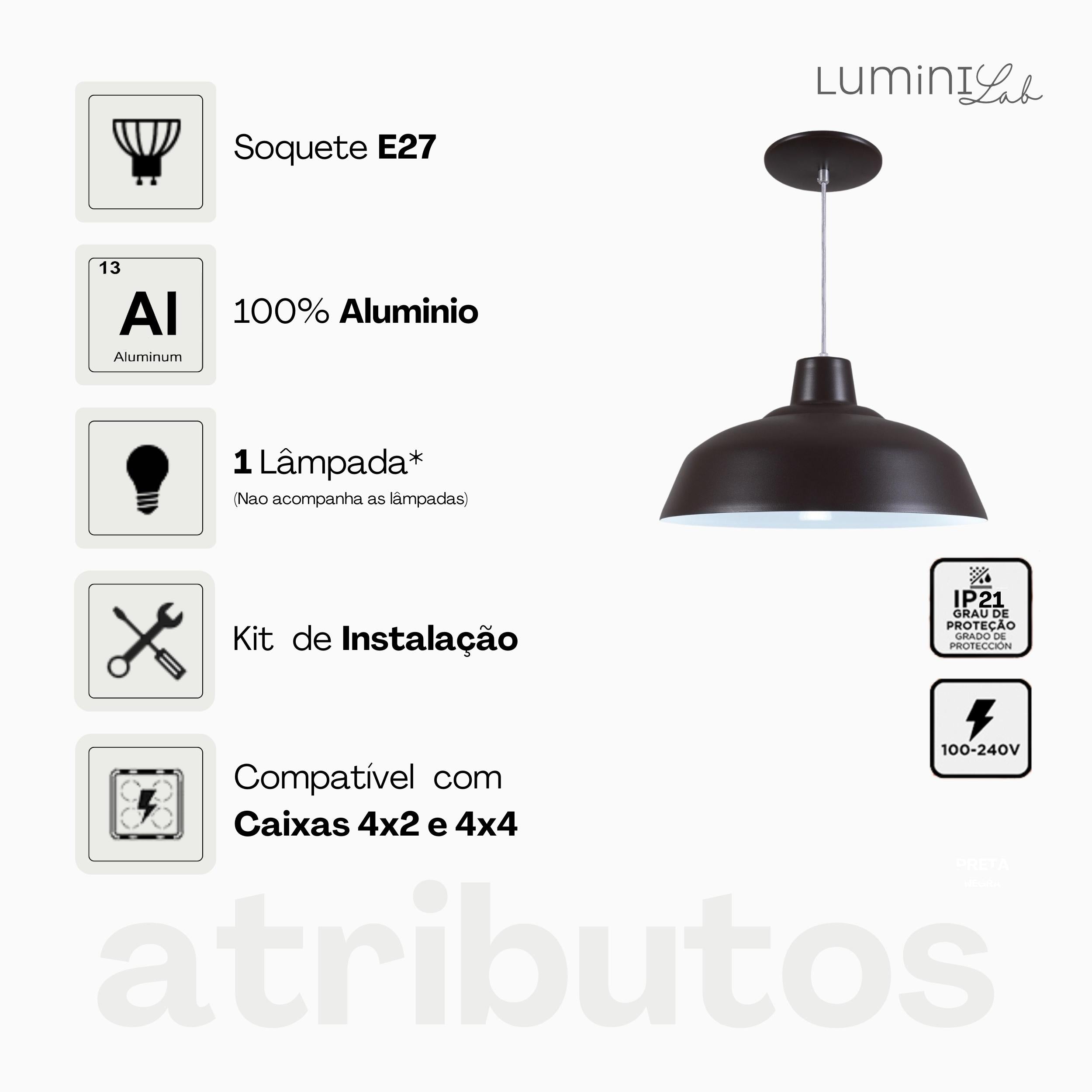 Pendente Retro Aluminio Teto Cabo 1 metro 1 Luz E27 Bivolt Lumini Lab