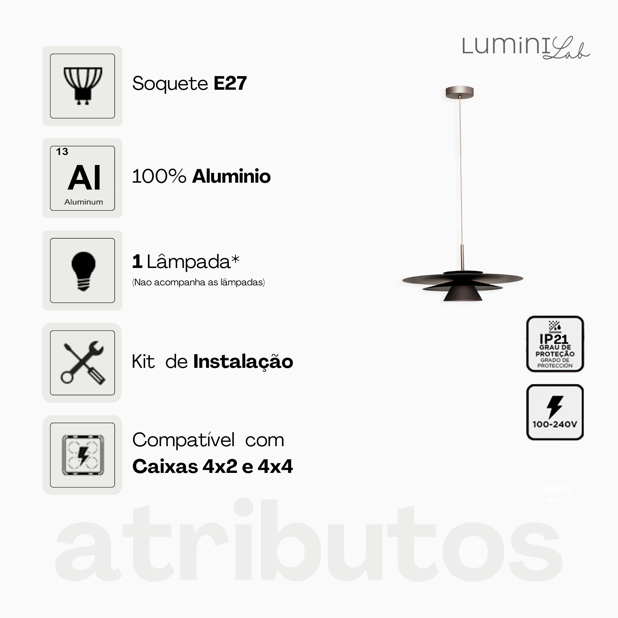 Pendente Jete D400 Aluminio Teto Cabo 1 metro 1 Luz GU10 Bivolt Lumini Lab