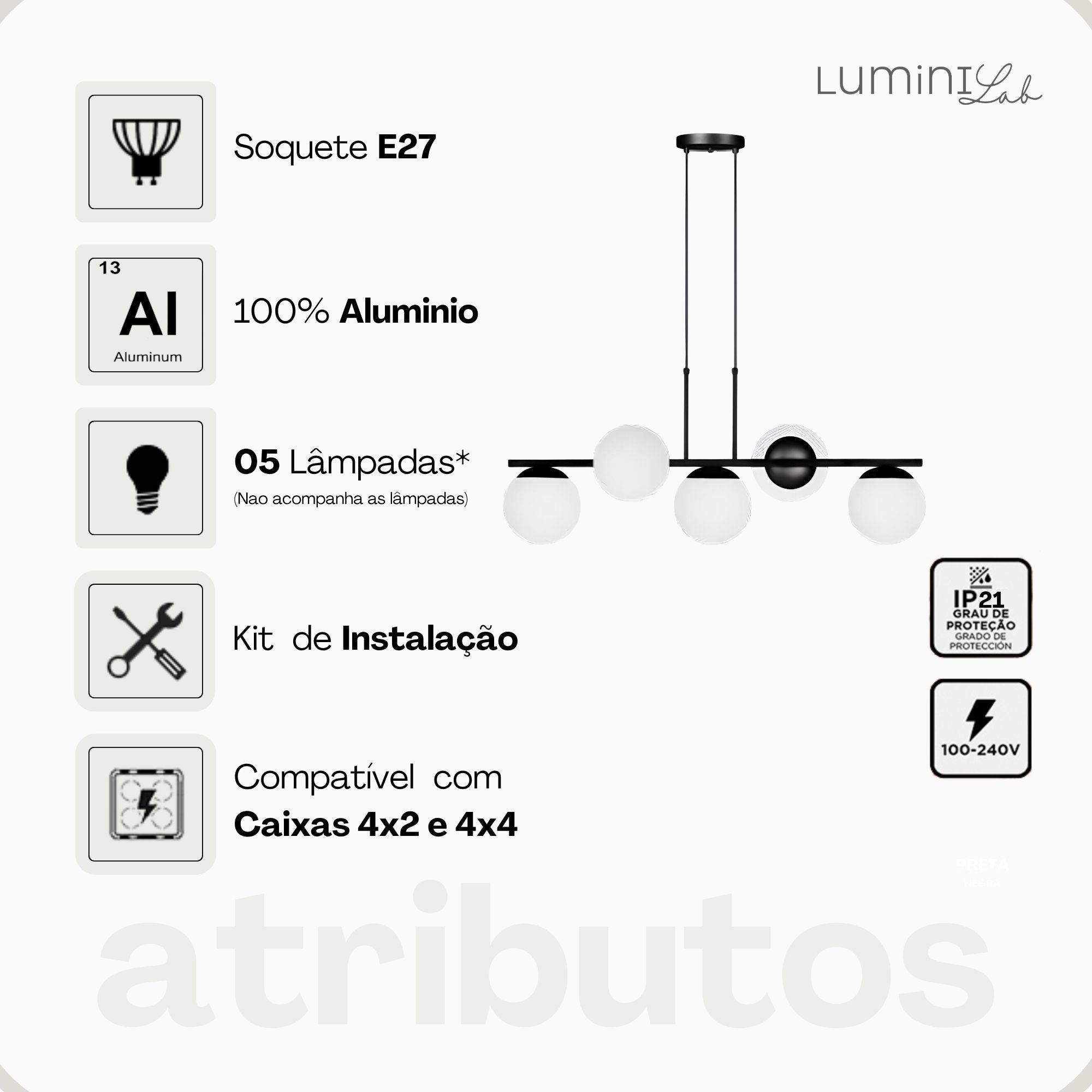 Pendente Hanover Aluminio D15 Teto E27 5 Luzes Lumini Lab