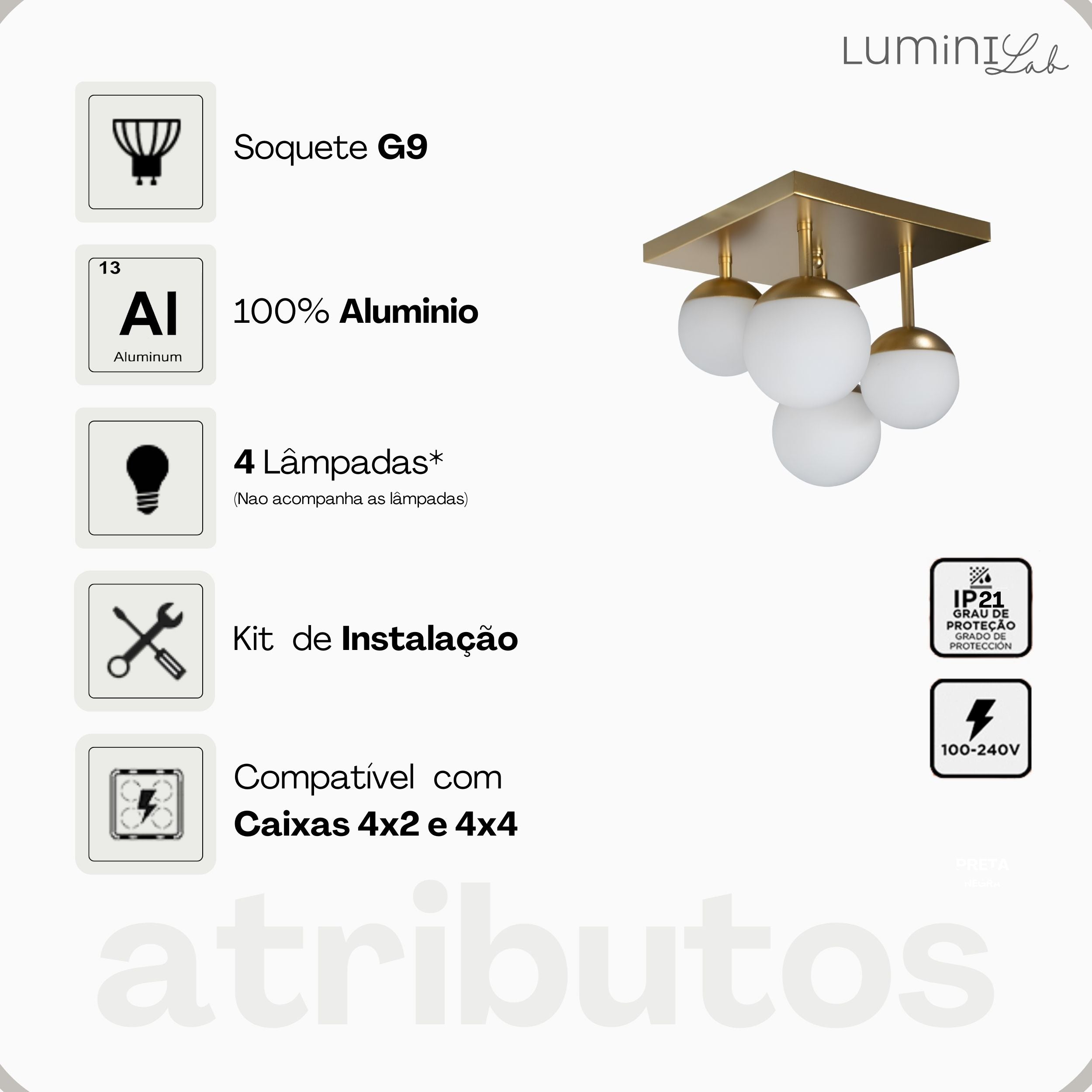 Plafon Jabuticaba Aluminio Teto 4 Luzes G9 D12 Bivolt Lumini Lab