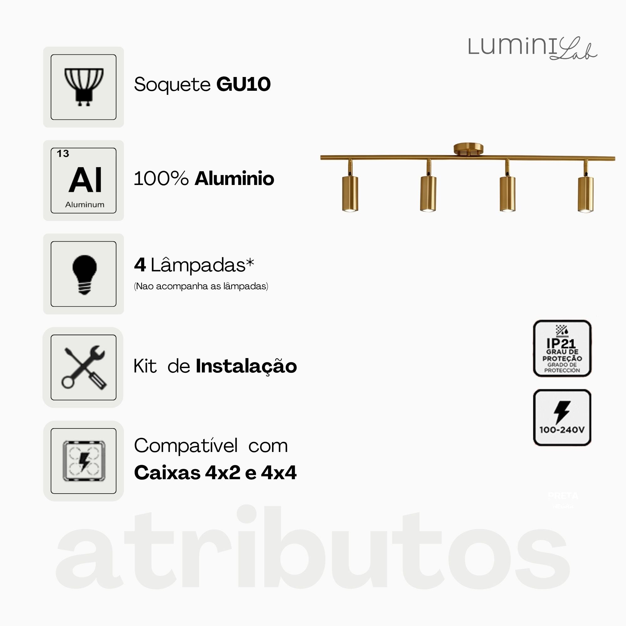 Spot Trilho Industrial Aluminio Teto 4 Luzes GU10 Bivolt Lumini Lab
