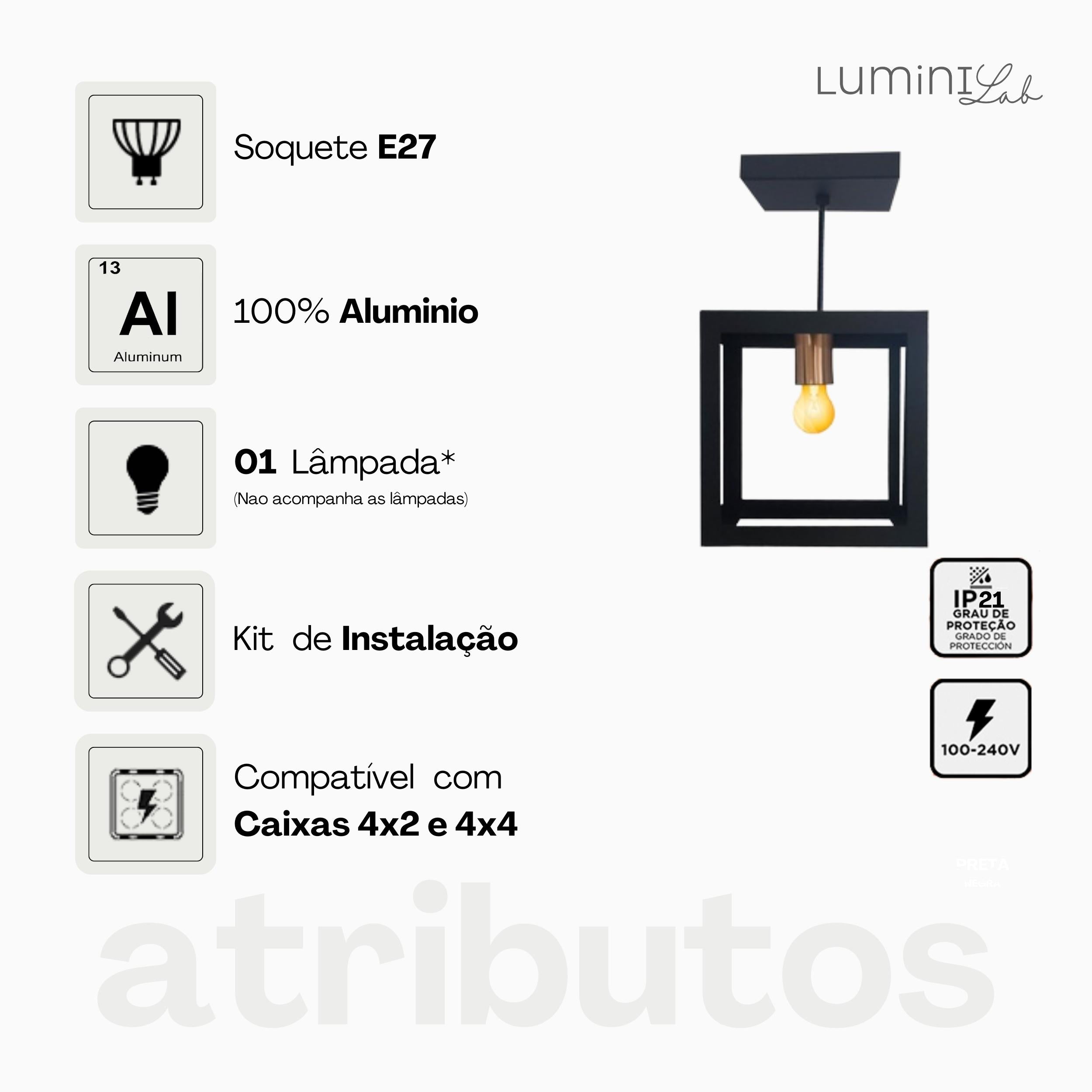 Pendente Dantas Aluminio Teto E27 1 Luz Lumini Lab