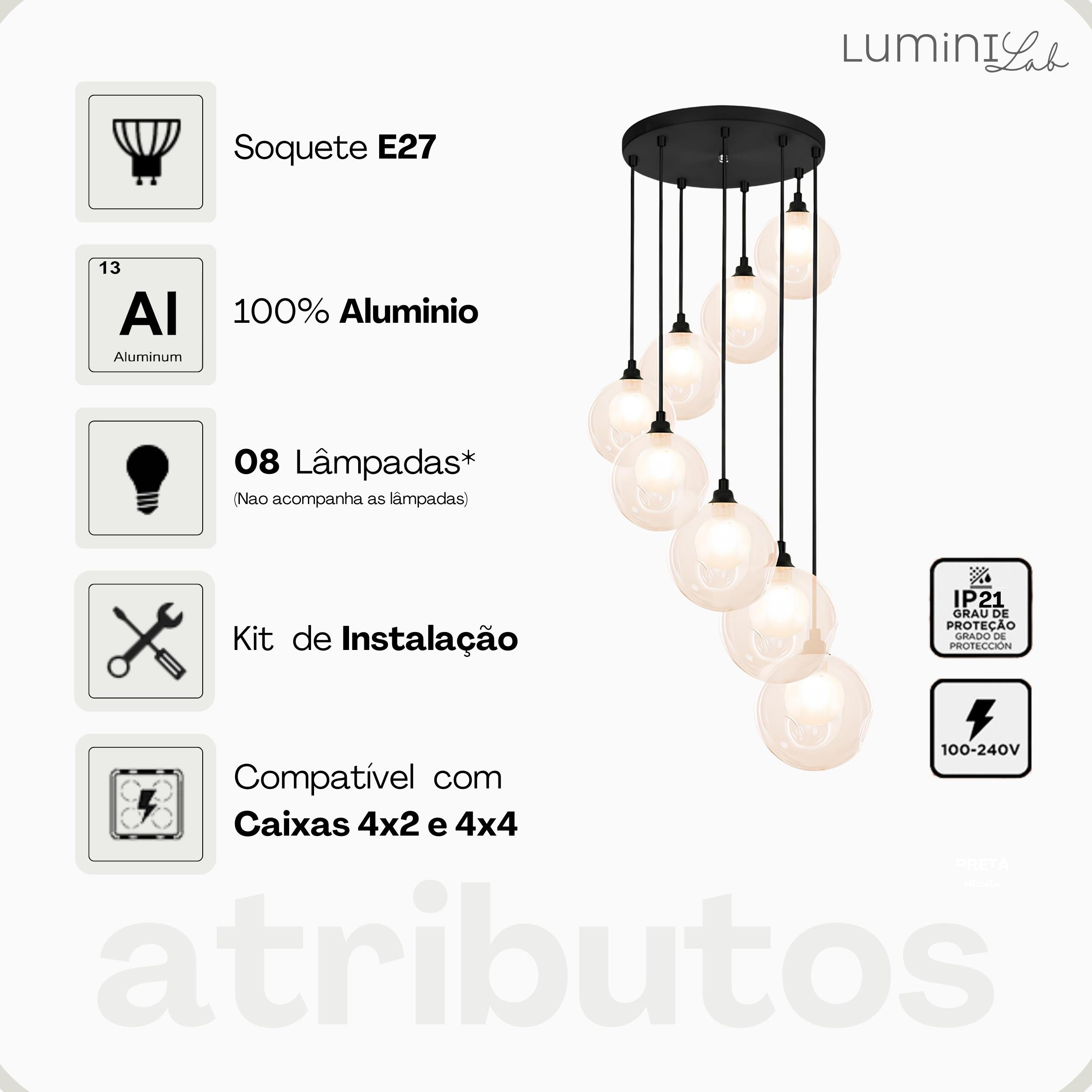 Pendente Arcana Aluminio Teto Cabo 1 metro 8 Luzes E27 Bivolt Lumini Lab