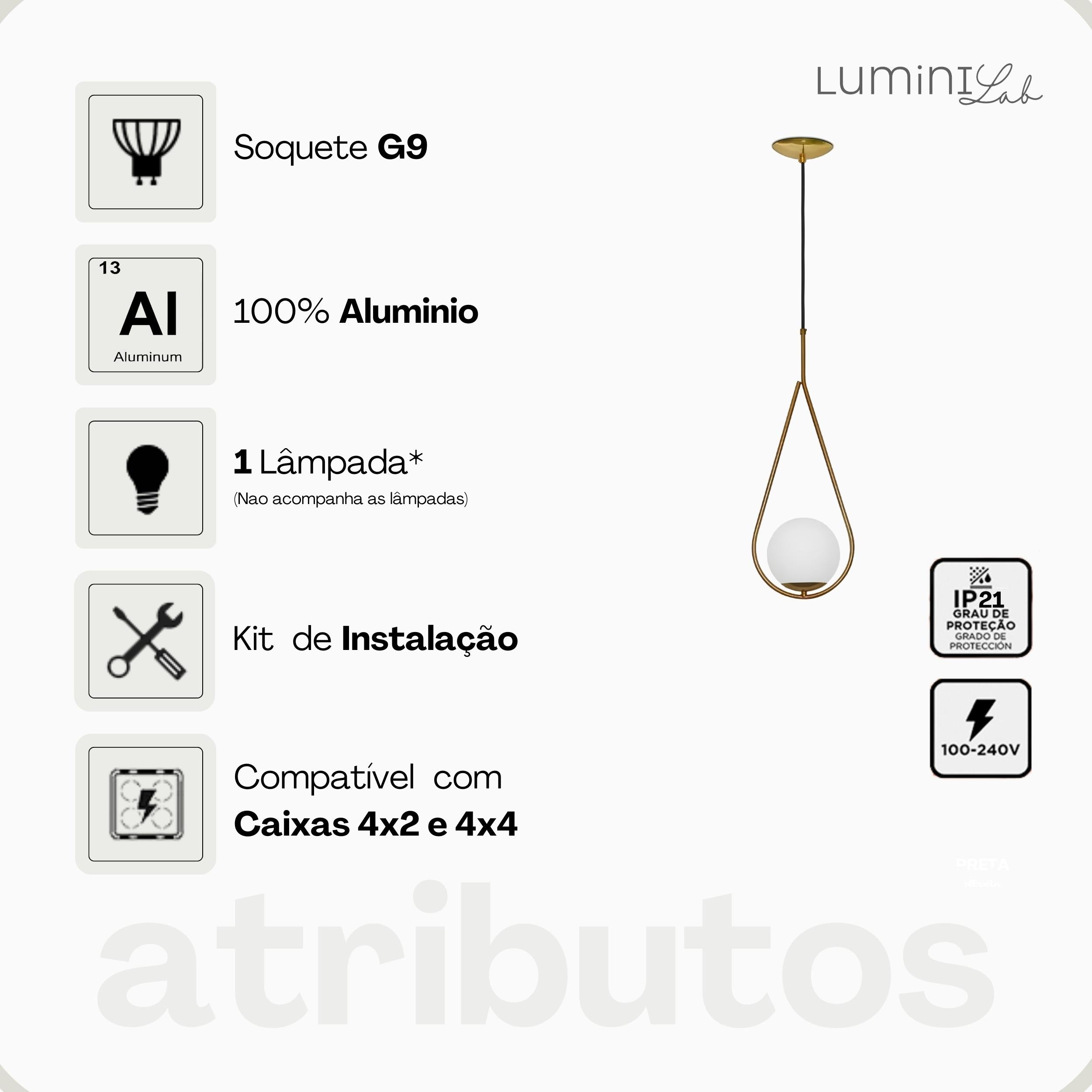 Pendente Gota Aluminio Teto Cabo 1 metro 1 Luz G9 D15 Bivolt Lumini Lab