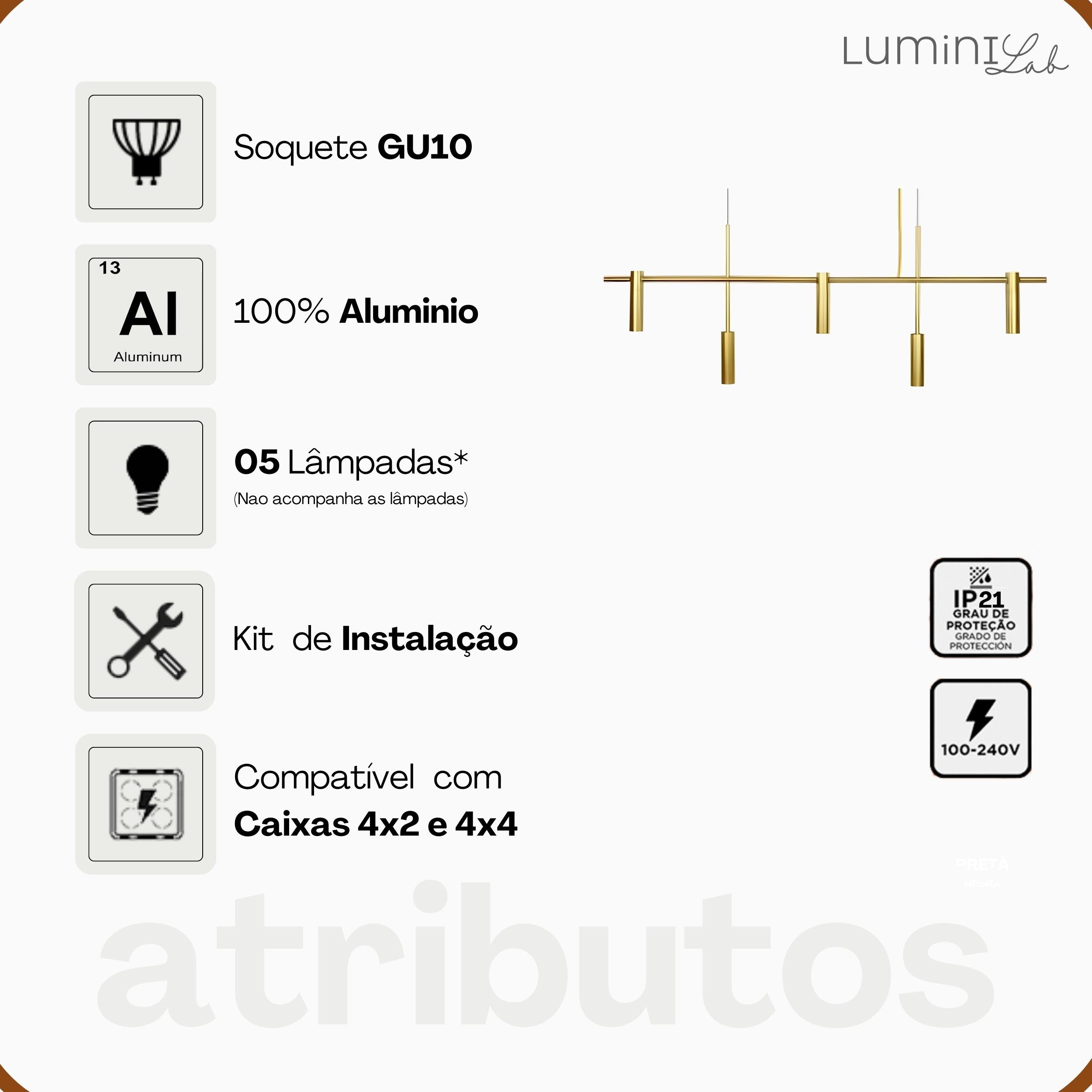 Pendente Lux Aluminio Teto GU10 5 Luzes Lumini Lab