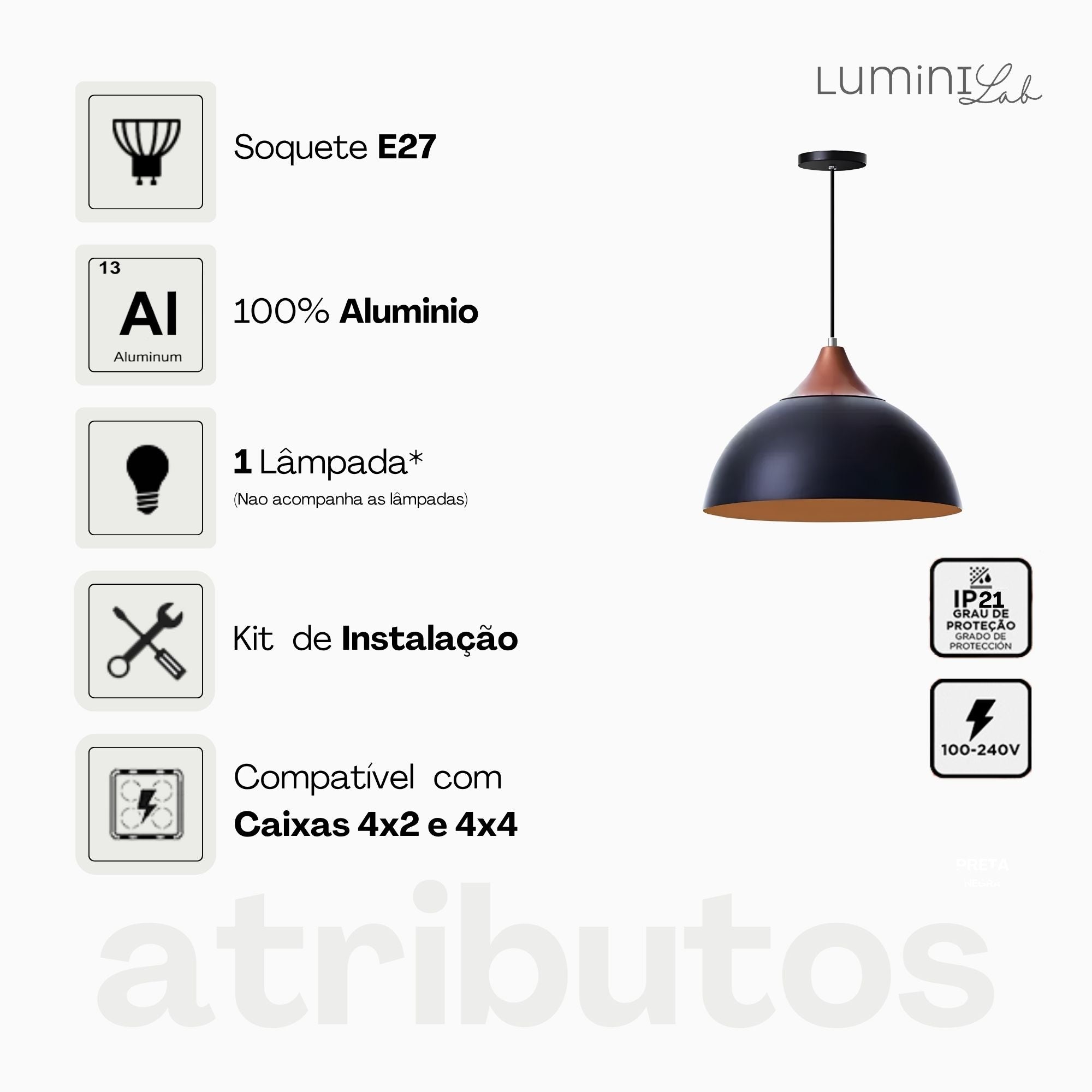 Pendente Industrial Roma Aluminio Teto Cabo 1 metro 1 Luz E27 Bivolt Lumini Lab