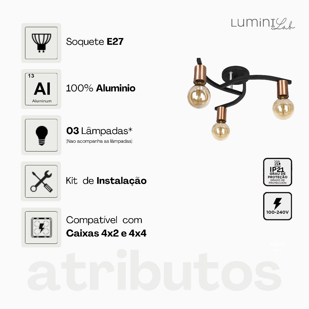 Plafon Marrakesh Aluminio Teto E27 3 Luzes Lumini Lab