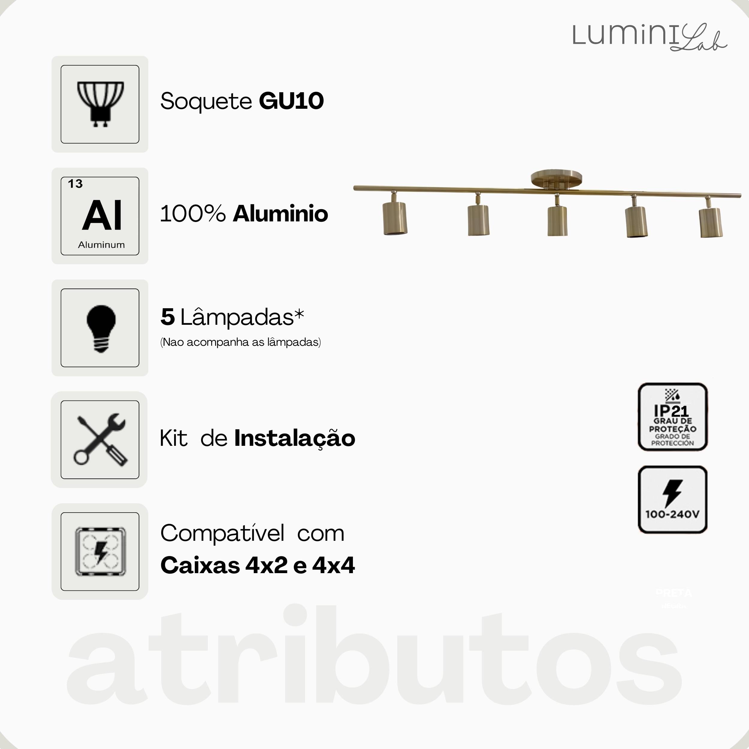 Spot Trilho Industrial Aluminio Teto 5 Luzes GU10 Bivolt Lumini Lab