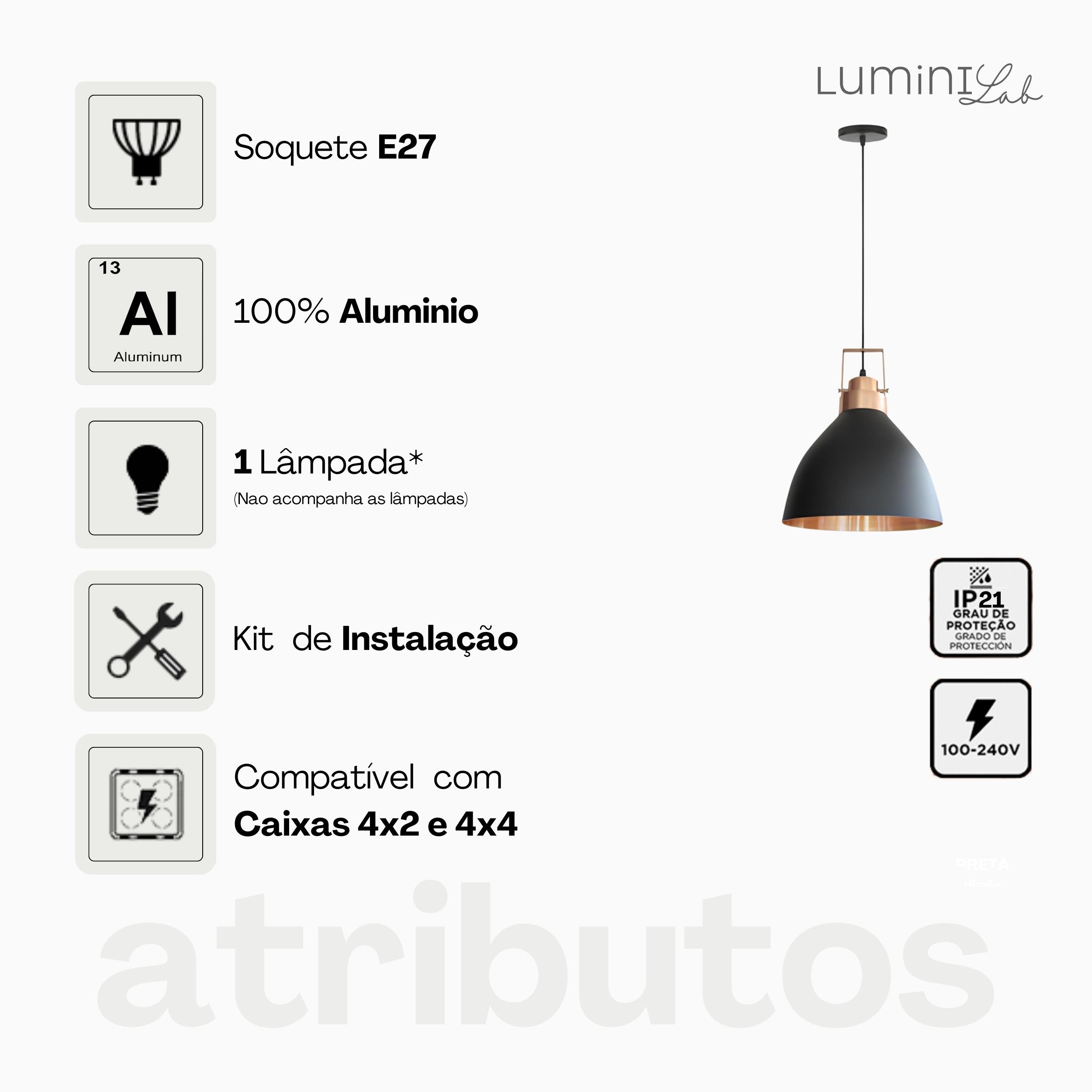 Pendente Aveiro 300 Aluminio Teto E27 1 Luz Lumini Lab
