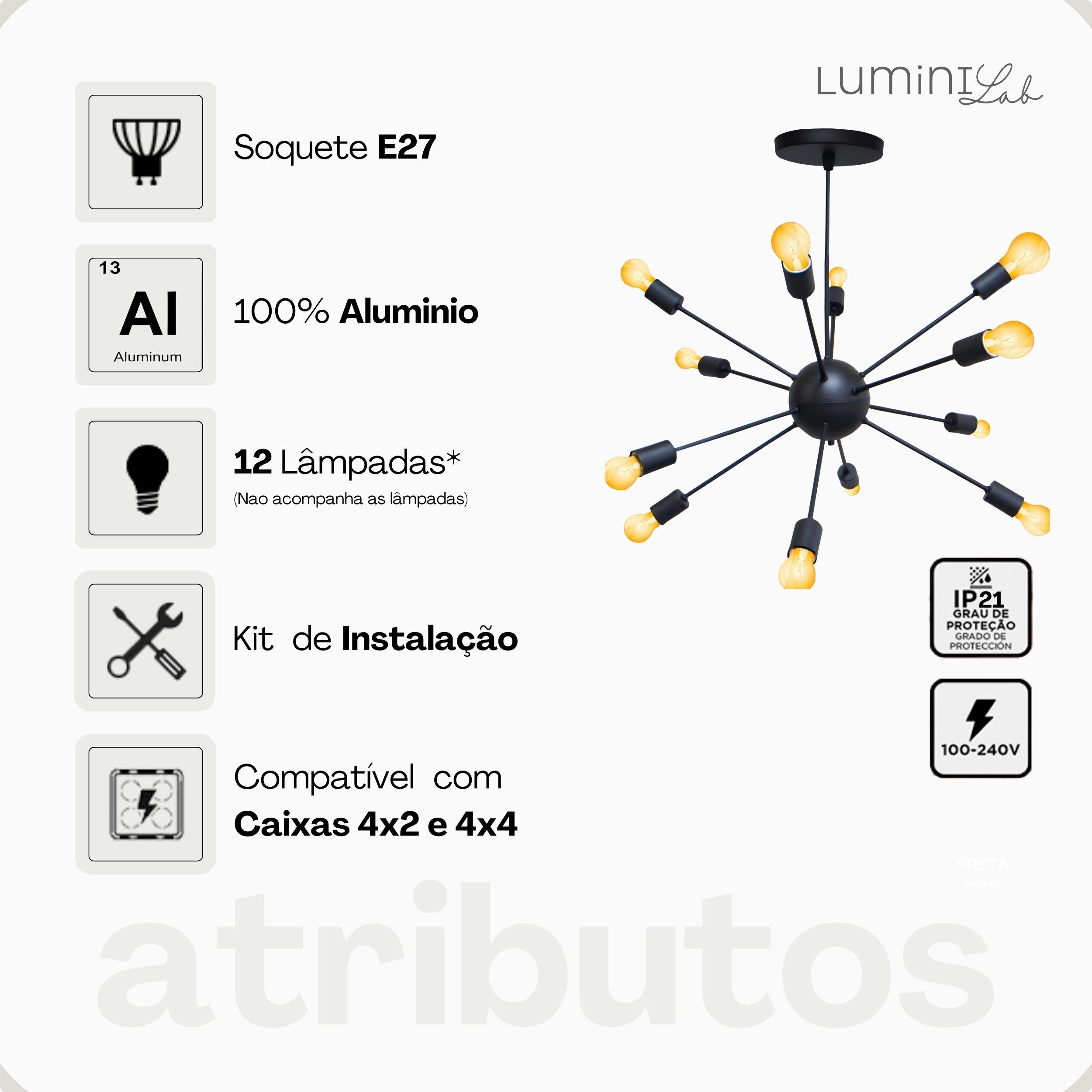 Pendente Sputnik Aluminio Teto E27 12 Luzes Lumini Lab