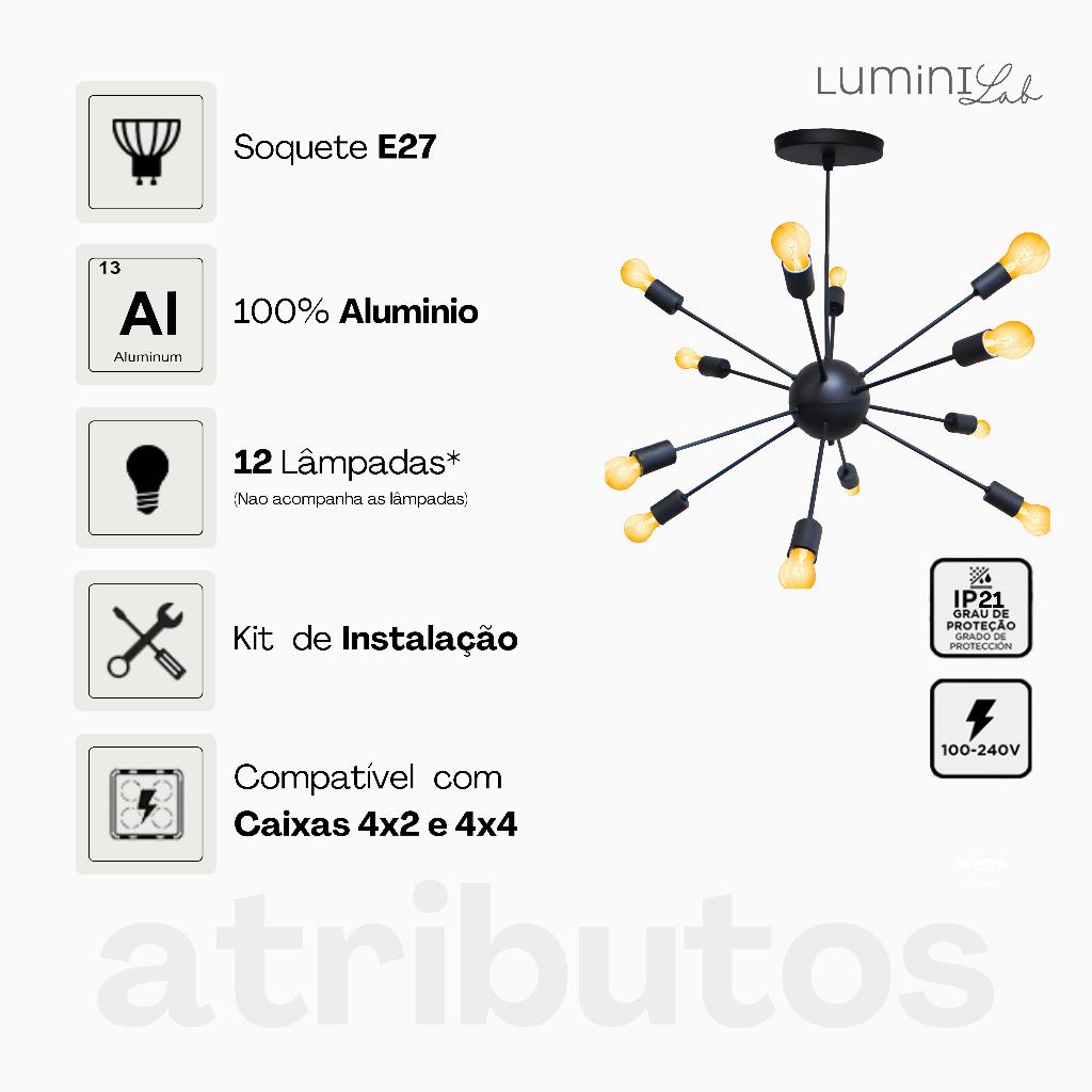 Pendente Sputnik Aluminio Teto E27 12 Luzes Lumini Lab