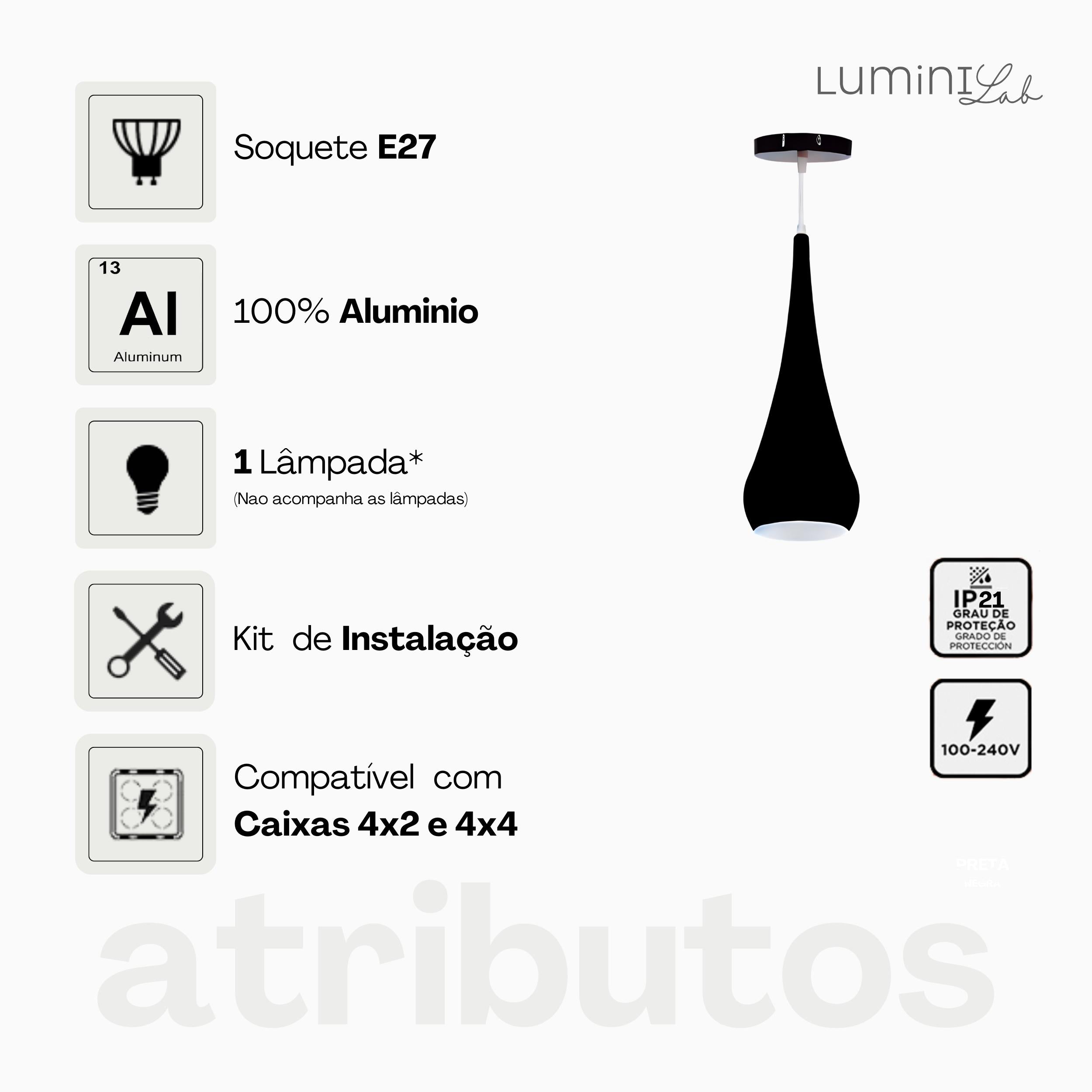 Pendente Lulu Aluminio Teto E27 1 Luz Lumini Lab