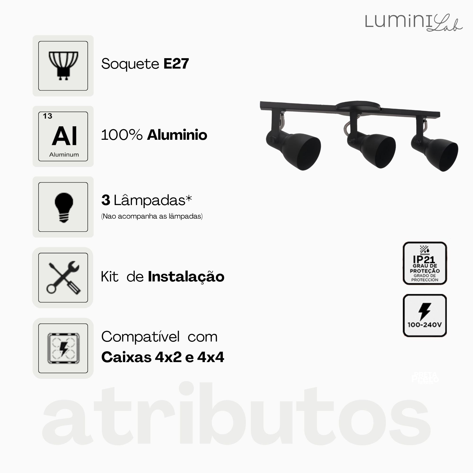 Spot Trilho Light Aluminio Teto E27 3 Luzes Lumini Lab