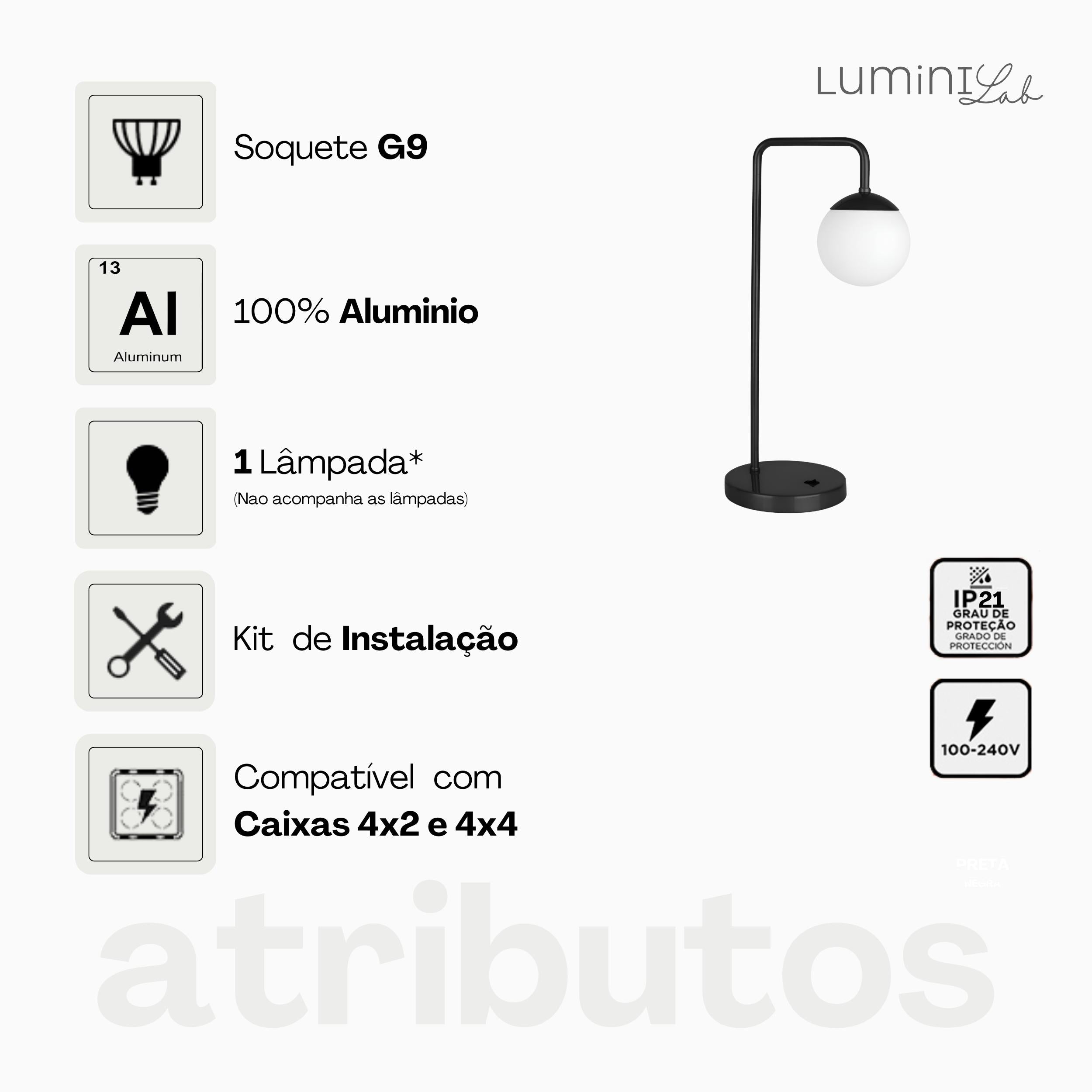 Luminaria de Mesa Vintage Retrô Aluminio D12 G9 1 Luz Fixa Lumini Lab