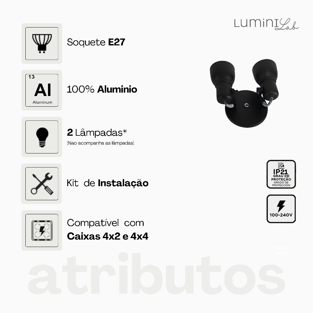 Spot Light Aluminio Teto E27 2 Luzes Lumini Lab